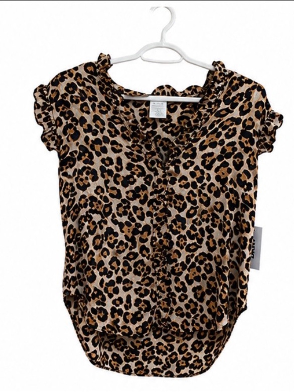 Leopard Print Ruffle V-Neck Blouse Size L NWT